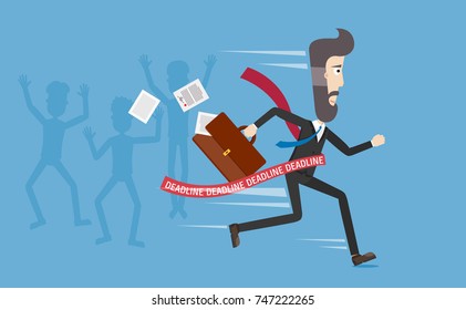 Businessman Meets His Deadline. Worker Crosses the Finish Line. Crowd Supports the Winner. Vector Art Design Illustration.