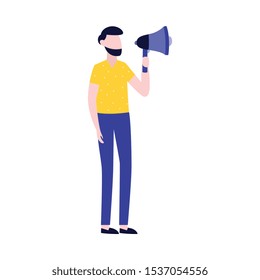 Businessman with megaphone advertising or promotion icon flat vector illustration isolated on white. Marketing announcement concept for web or flyer banner template.