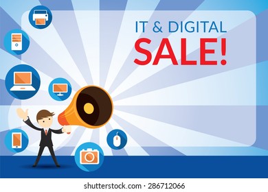 Businessman with Megaphone Announcement IT and Digital Sale, Commercial Promotion Event Poster and other AD