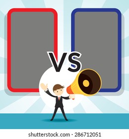 Businessman with Megaphone Announcement with Versus Frame, Commercial Promotion Event Poster and other AD