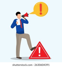 Empresário em megafone anunciando informações urgentes com ponto de exclamação de atenção. Anúncio importante, notícias de última hora, informações de atenção ou advertência.