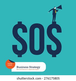 Businessman with megaphone asking for help from a SOS money. Vector illustration Eps10 file. Global colors. Text and Texture in separate layers.