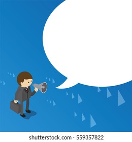 Businessman with a megaphone and blank bubble chat vector isometric