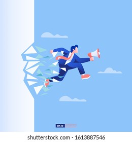 Businessman with megaphone breaking the glass wall. Promotion breakthrough concept. Business vector illustration 