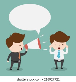 Businessman with megaphone and bubble speech.