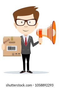 businessman with a megaphone carrying a paper box, business moving concept. Stock flat vector illustration.