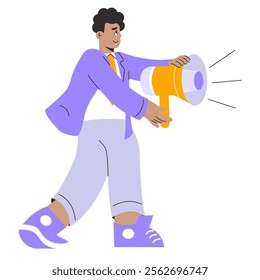 Businessman megaphone concept. A dynamic entrepreneur communicates a message with a loudhailer. Leadership, marketing strategy, and announcement theme. Vector illustration.