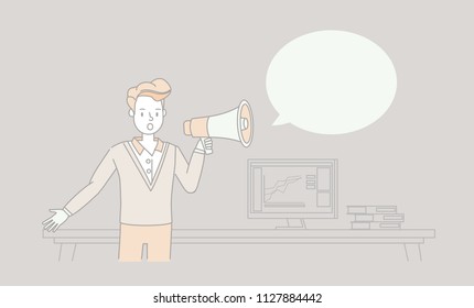 Businessman with megaphone concept. Linear character vector design. 