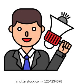 Businessman with megaphone in hand vector, filled design editable outline icon