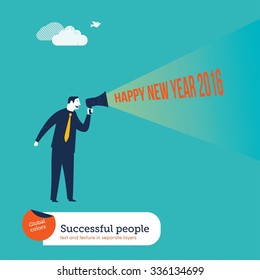 Businessman with megaphone happy new year 2016. Vector illustration Eps10 file. Global colors. Text and Texture in separate layers.