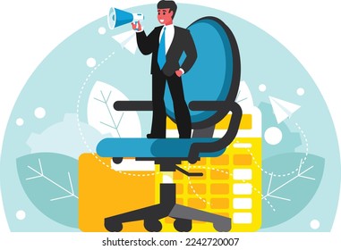 Businessman with a megaphone in his hand stands on a huge chair. Confidence man using megaphone speak out loud to be heard in public. Vector graphics