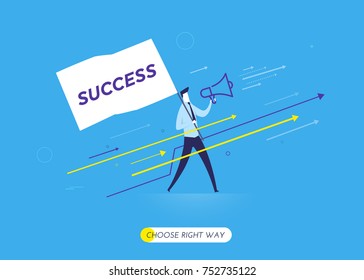 Businessman with megaphone looking to the future. growth charts. Vector illustration Eps10 file. Success, growth rates