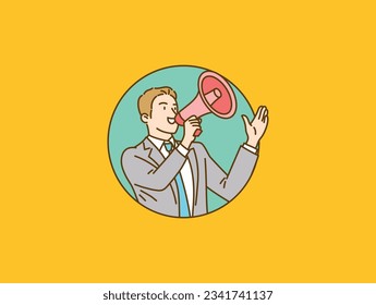 Businessman with megaphone making announcements
