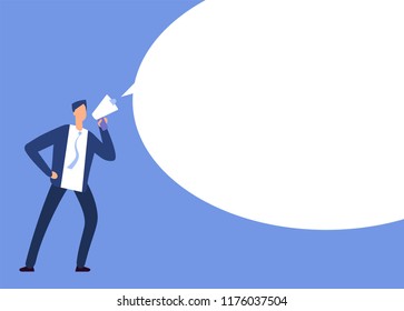 Businessman with megaphone. Man with loudspeaker and blank speech bubble. Announcement vector concept. Illustration of speech bubble, loudspeaker and megaphone