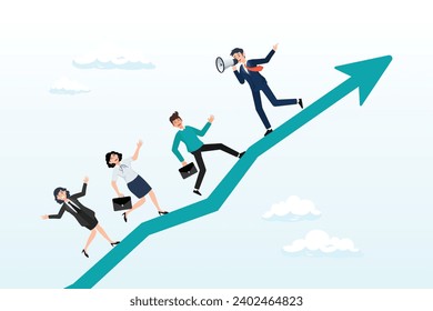 Businessman with megaphone motivate employees to walk up arrow, motivate employee, career improvement or inspiration for self development to success in work, advice for business growth (Vector)