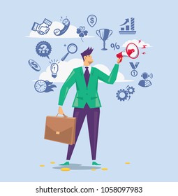 Businessman with a megaphone on a background of icons