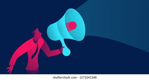 Businessman with megaphone. PR, marketing business concept in red and blue neon gradients