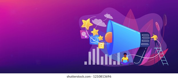 Businessman with megaphone promote media icons. Sales promotion and marketing, pomotion strategy, promotional products concept on white background. Header or footer banner template with copy space.