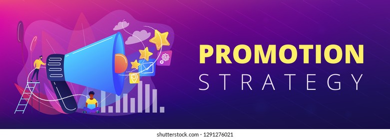 Businessman with megaphone promote media icons. Sales promotion and marketing, pomotion strategy, promotional products concept on white background. Header or footer banner template with copy space.