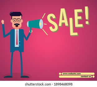 businessman with a megaphone shouting sales. vector illustration. flat design. text area. copy space. 100% editable