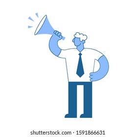 Businessman with megaphone, simple style. Flat vector illustration. Isolated on white background.