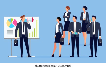 Businessman with megaphone speaking before a group of people. Businessman with a loudspeaker makes a warning. Business people in different poses listen to the speaker. Vector illustration.