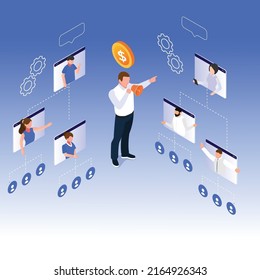 Businessman with megaphone speaking to employees on social network isometric 3d vector illustration concept for banner, website, illustration, landing page, flyer, etc.