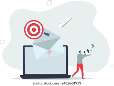businessman with megaphone and targeting email on computer laptop.flat vector illustration.