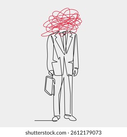 Businessman with a Messy Mind one line drawing. Stressed businessman single line illustration. Depressed Businessman minimalist line art