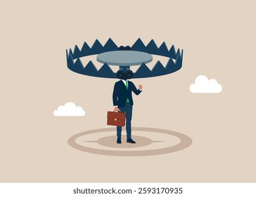 Businessman with a metallic bear trap of a head on shoulders. Risk and danger. Modern vector illustration in flat style. 