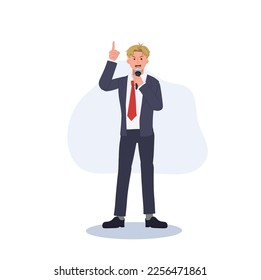 businessman with microphone smile and giving speech, information, announce, advice. Flat vector illustration