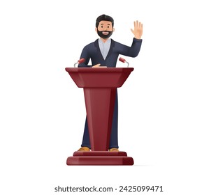 Businessman with microphone speaking at business conference standing at the podium. 3D Male leader in a black formal suit presenting confident speech with hand up, person at tribune. Public speaker