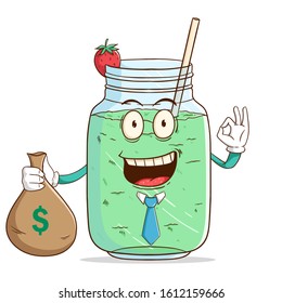 Businessman of milkshake cartoon character holding bag full of money with ok hand sign and funny smile face
