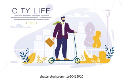 Businessman Millennial Office Manager Riding Electric Eco-Friendly Kick Scooter to Work through Street. Ecology City Life Webpage Banner. Modern Ecology Transport. Active Healthy Lifestyle