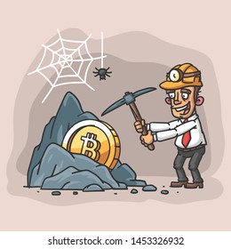 Businessman mines bitcoin. Illustration rock Bitcoin businessman holding pickaxe. Vector Illustration