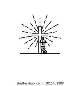 Businessman Miniature Figure in Simple Doodle Line Drawing, Leaning back a Christian Cross. Using for Religion Concept.