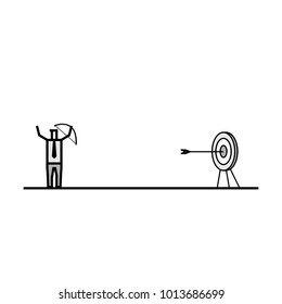 Businessman Miniature Figure in Simple Doodle Line Drawing, Shooting with Bow to Archery Target. Using for Business Concept.
