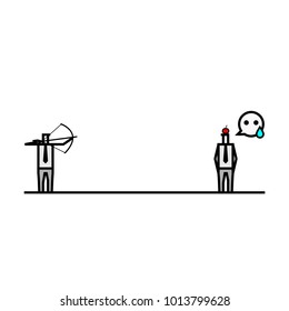 Businessman Miniature Figure in Simple Doodle Line Drawing, Shooting with Bow to Apple on Colleague Head. Using for Business Concept.