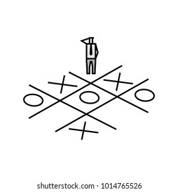 Businessman Miniature Figure in Simple Doodle Line Drawing, Standing in Front of OX Game on Ground. Using for Business Concept.