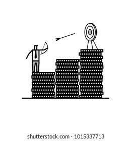 Businessman Miniature Figure in Simple Doodle Line Drawing, Standing on Stack of Coins and Shooting Bow to Archery Target. Using for Business Concept.