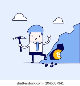 Businessman Mining For Bitcoin, Cartoon Character Thin Line Style Vector.