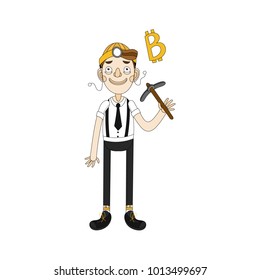 Businessman mining for bitcoin. Cryptocurrency concept cartoon vector illustration