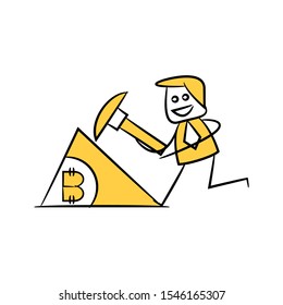 businessman mining bitcoin cryptocurrency concept yellow doodle hand drawn