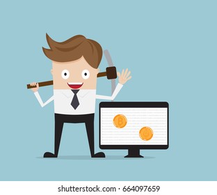businessman mining for bitcoin, Cryptocurrency concept cartoon vector illustration