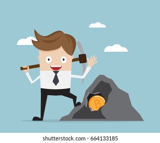 businessman mining for bitcoin, Cryptocurrency concept cartoon vector illustration