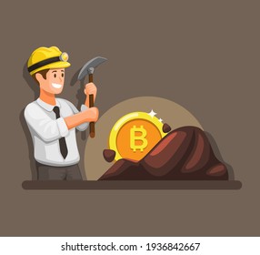 Businessman mining bitcoin, cryptocurrency financial business concept in cartoon illustration vector