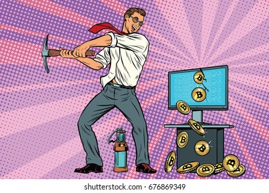 businessman is mining bitcoins from your computer. Cryptocurrency and electronic money. Pop art retro comic book vector illustration