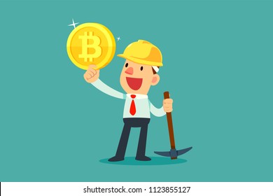 Businessman with mining equipment holding bitcoin cryptocurrency. Business technology concept.