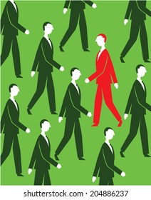 Businessman in the mist of a crowd walking in the opposite direction