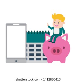 businessman mobile calendar piggy online payment vector illustration